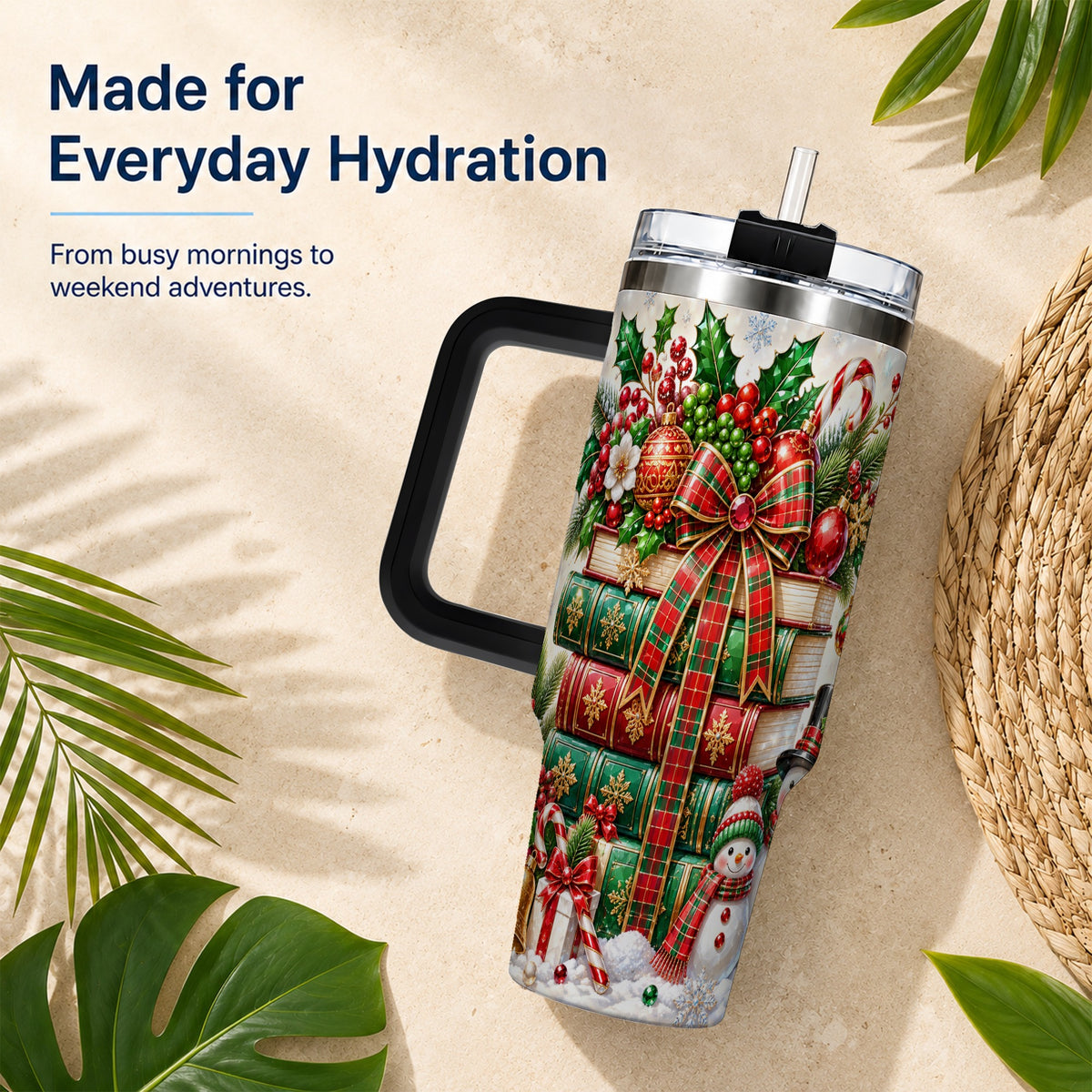 #pl[40oz|Black] Christmas Book Stack 40oz Tumbler with Handle, Snowman Holiday Travel Cup