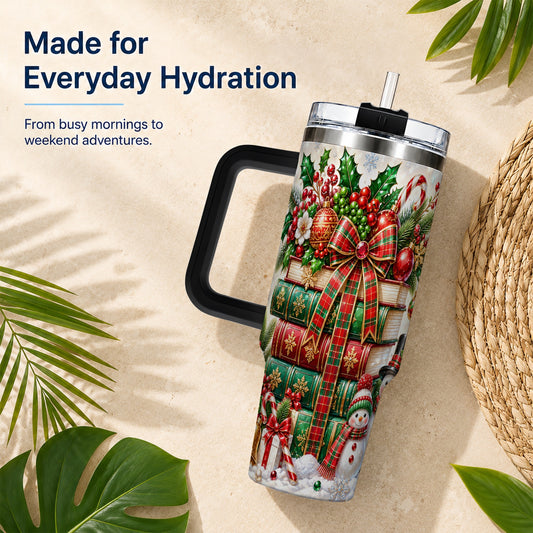 #pl[40oz|Black] Christmas Book Stack 40oz Tumbler with Handle, Snowman Holiday Travel Cup