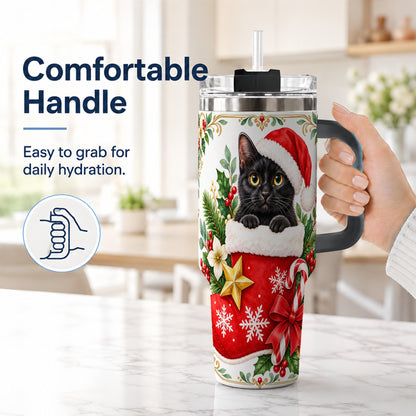 #pl[40oz|Black] Black Cat Christmas 40oz Tumbler with Handle, Holiday Cat Travel Cup