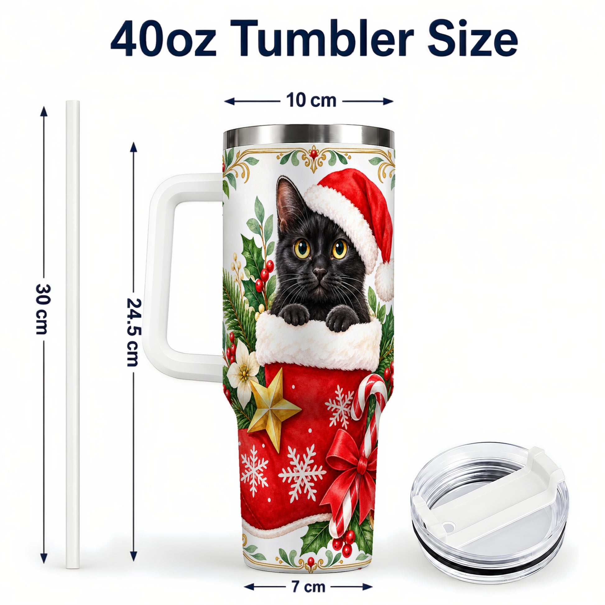 #pl[40oz|White] Black Cat Christmas 40oz Tumbler with Handle, Holiday Cat Travel Cup