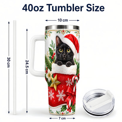 #pl[40oz|White] Black Cat Christmas 40oz Tumbler with Handle, Holiday Cat Travel Cup