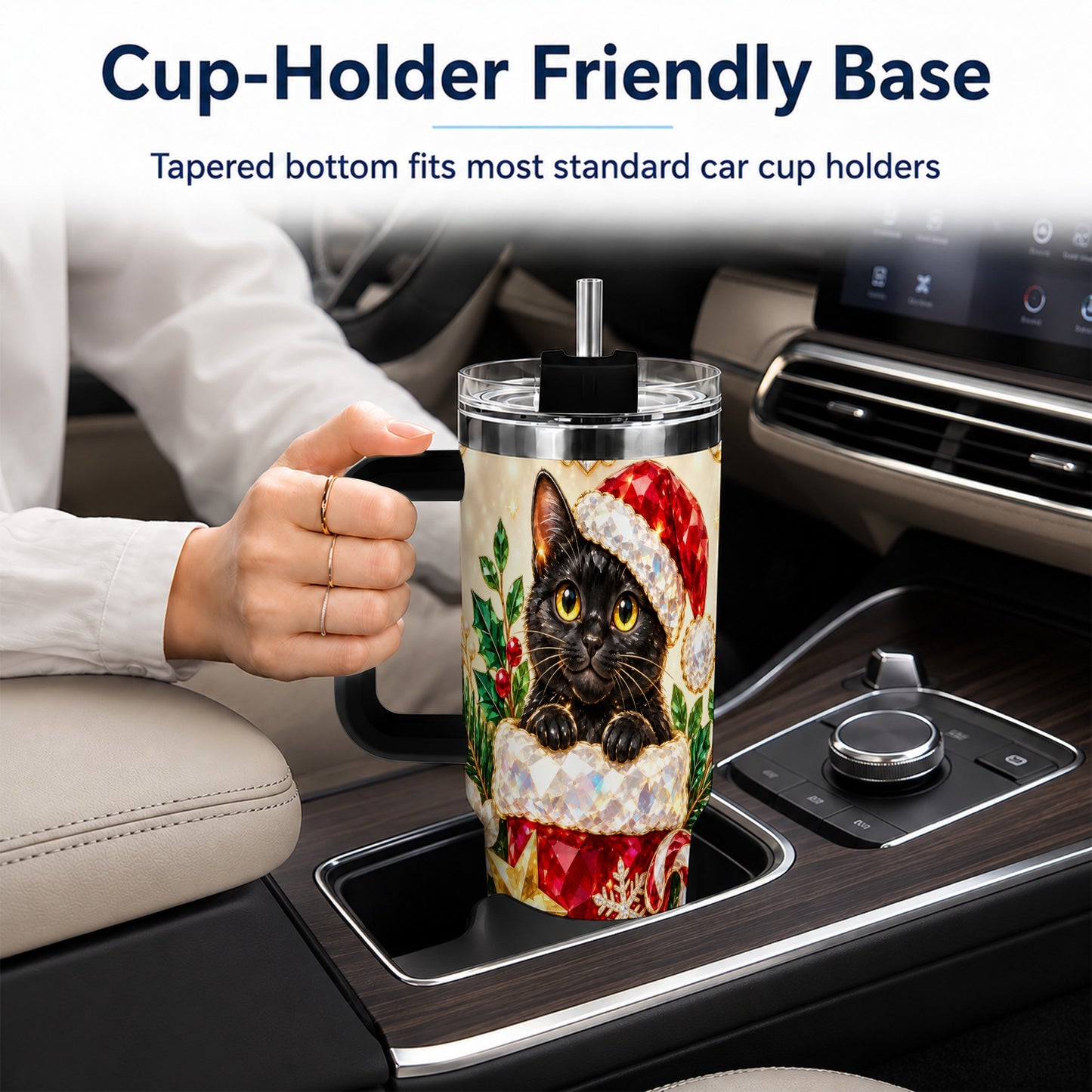 #pl[40oz|Black] Jeweled Black Cat 40oz Tumbler with Handle, Christmas Cat Travel Cup