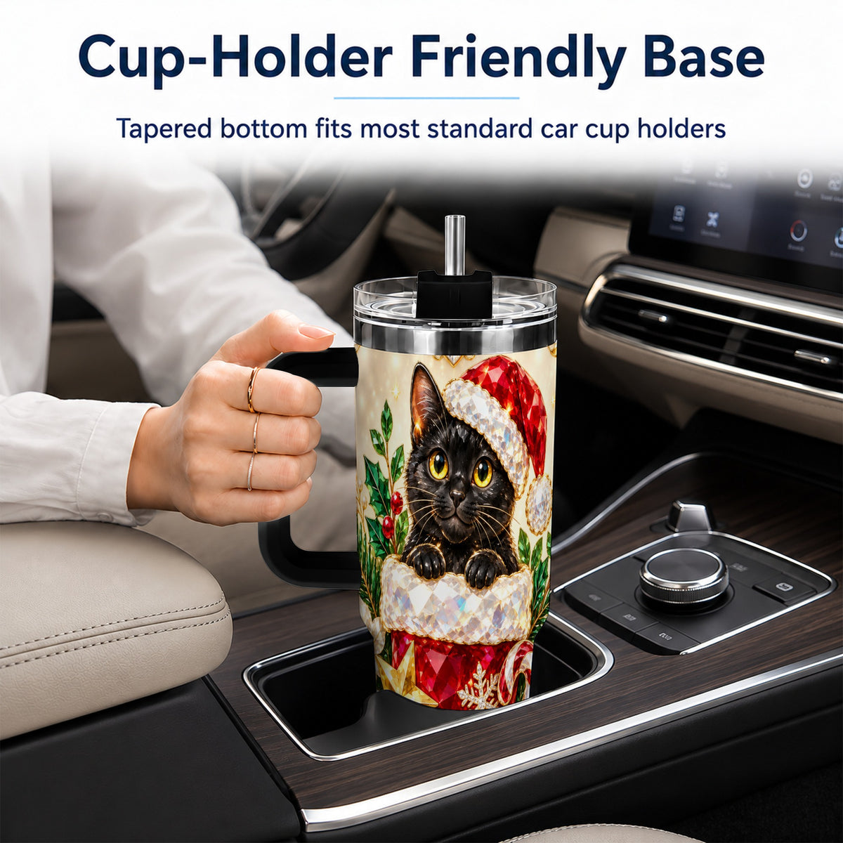#pl[40oz|Black] Jeweled Black Cat 40oz Tumbler with Handle, Christmas Cat Travel Cup