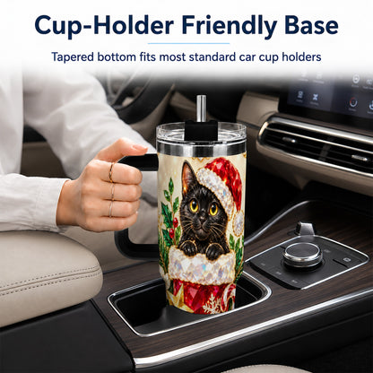 #pl[40oz|Black] Jeweled Black Cat 40oz Tumbler with Handle, Christmas Cat Travel Cup