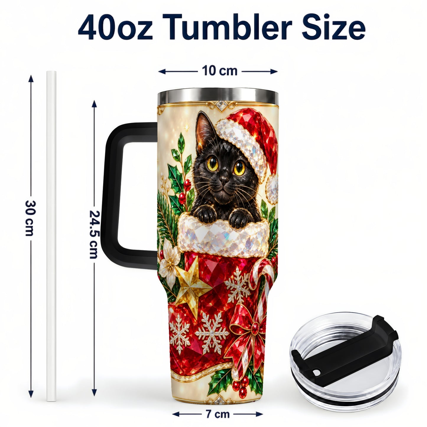 #pl[40oz|Black] Jeweled Black Cat 40oz Tumbler with Handle, Christmas Cat Travel Cup