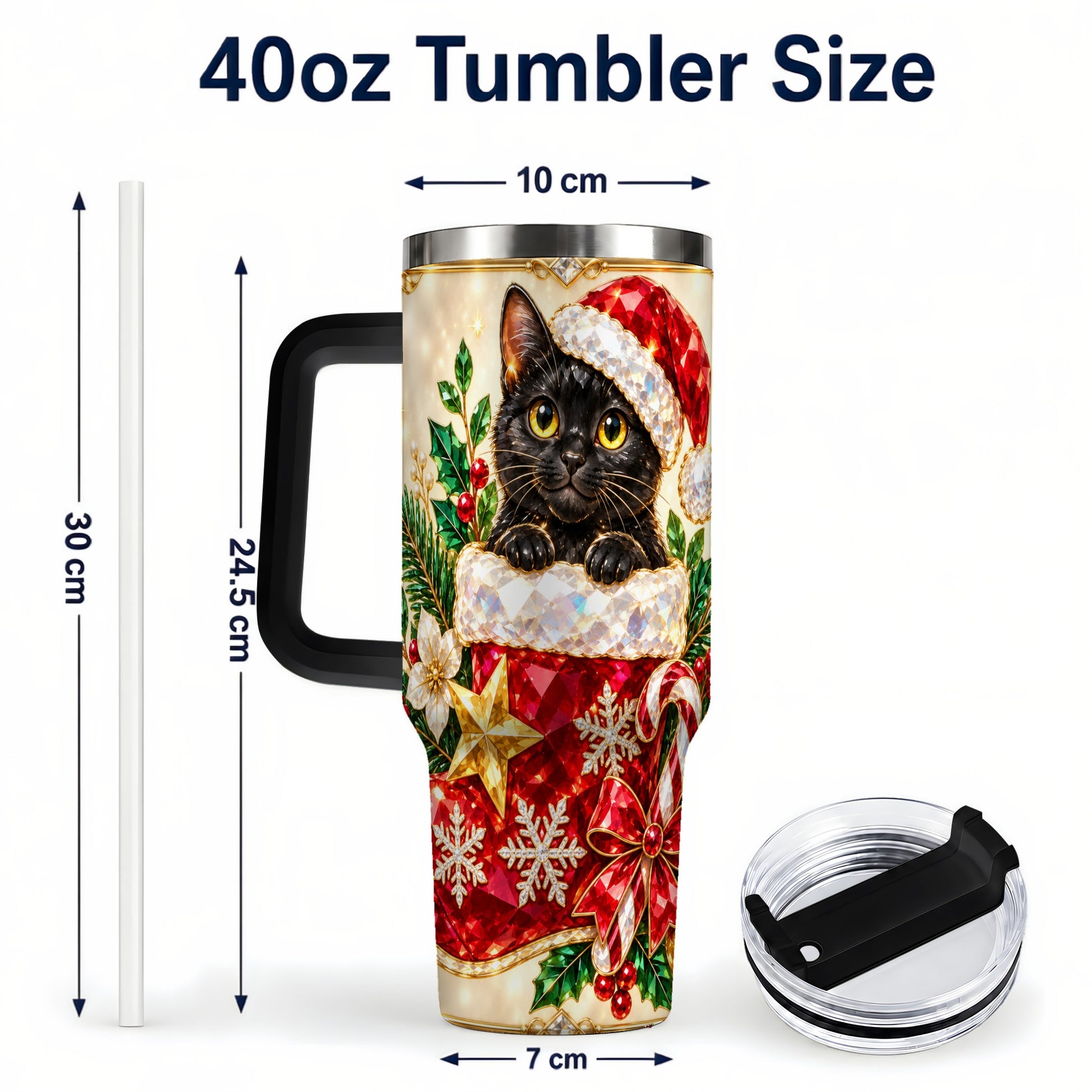 #pl[40oz|Black] Jeweled Black Cat 40oz Tumbler with Handle, Christmas Cat Travel Cup