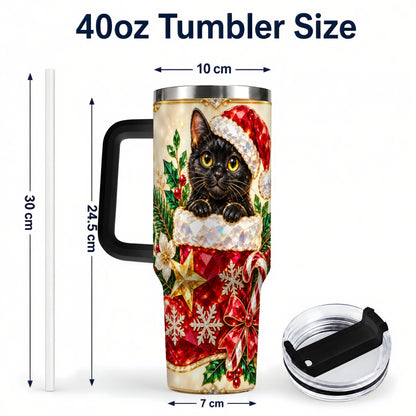 #pl[40oz|Black] Jeweled Black Cat 40oz Tumbler with Handle, Christmas Cat Travel Cup