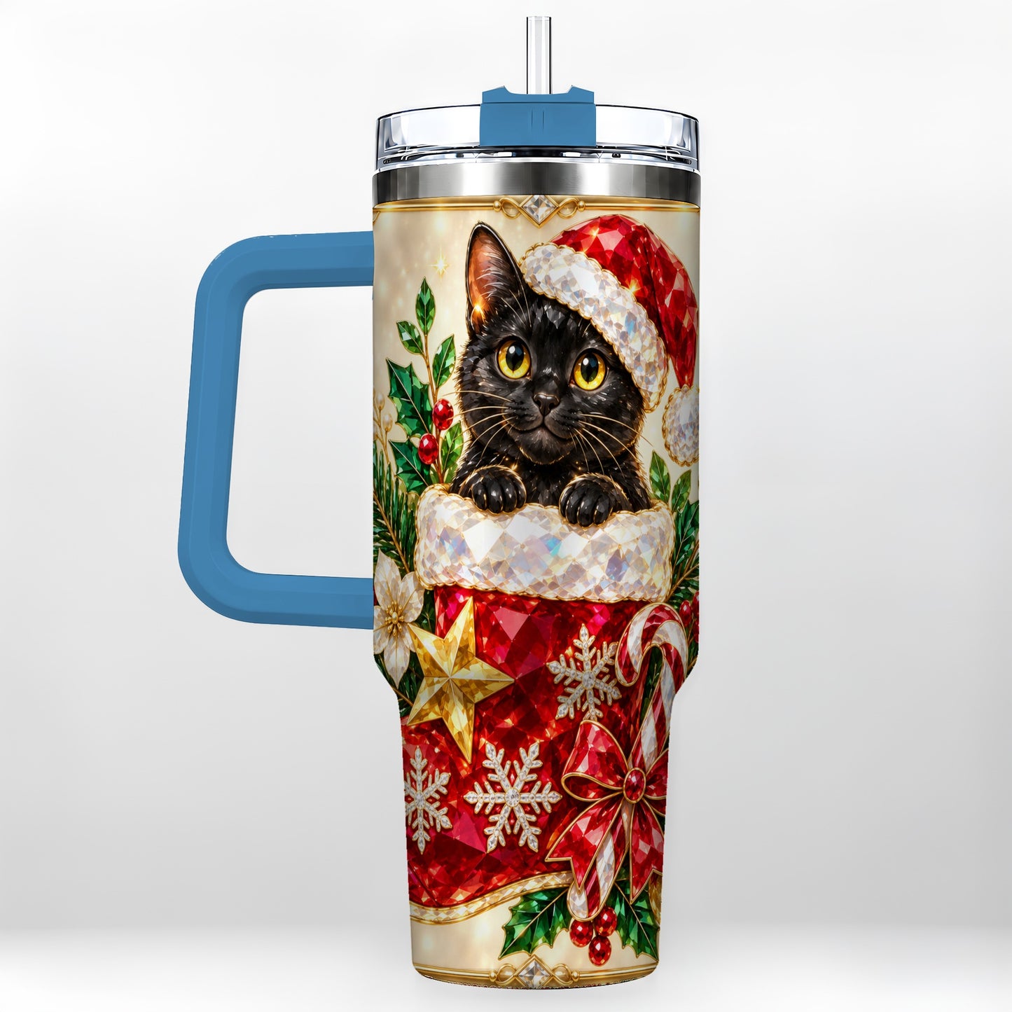 #pl[40oz|Blue] Jeweled Black Cat 40oz Tumbler with Handle, Christmas Cat Travel Cup