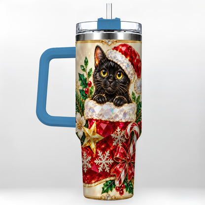 #pl[40oz|Blue] Jeweled Black Cat 40oz Tumbler with Handle, Christmas Cat Travel Cup
