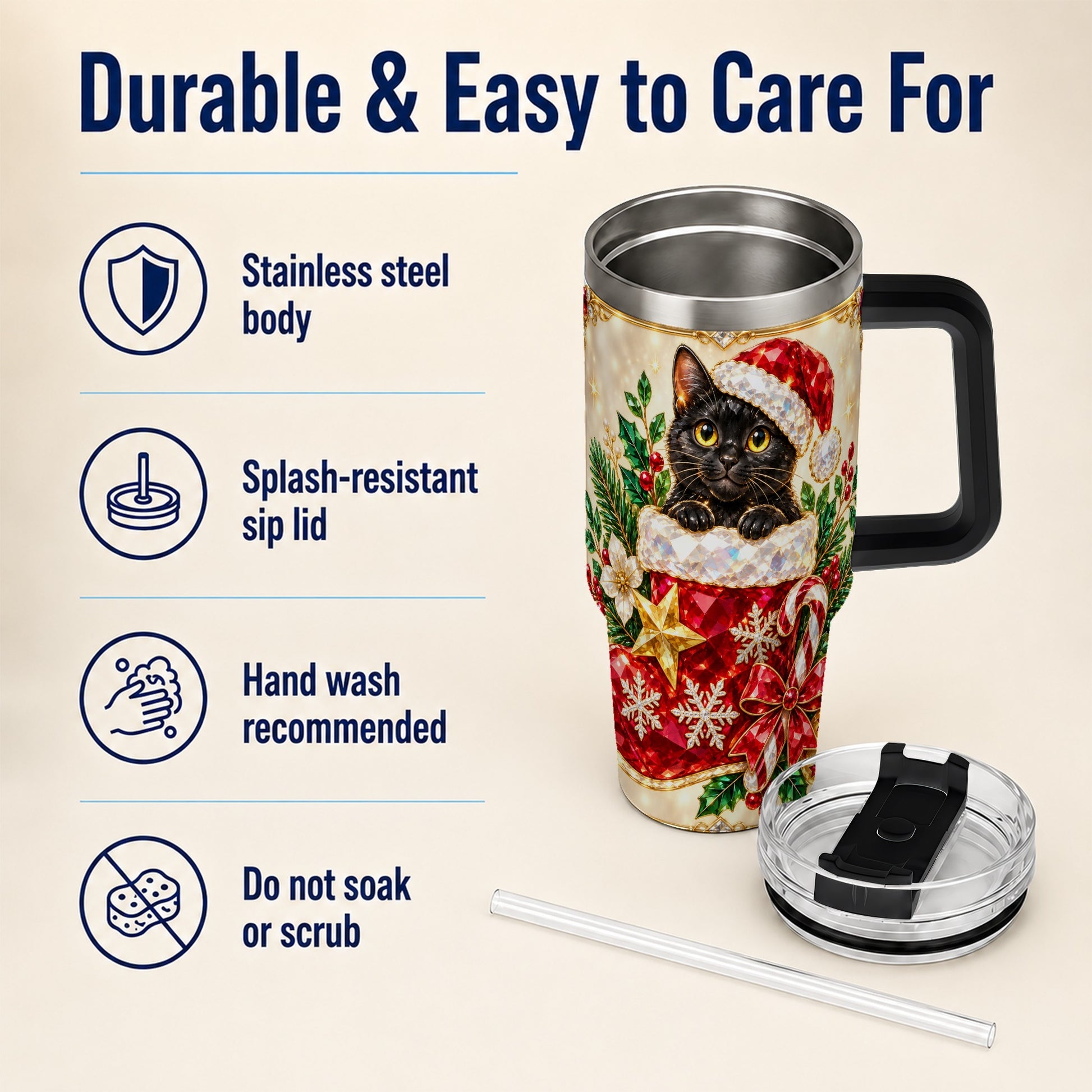 #pl[40oz|Black] Jeweled Black Cat 40oz Tumbler with Handle, Christmas Cat Travel Cup