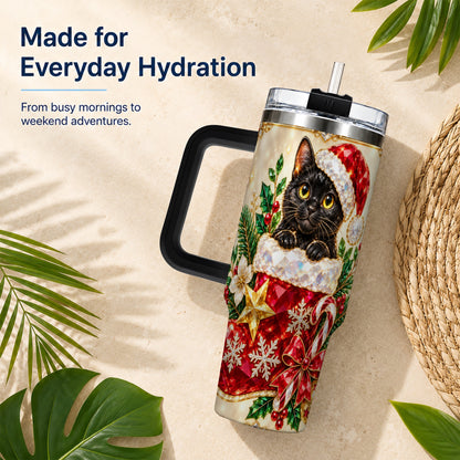 #pl[40oz|Black] Jeweled Black Cat 40oz Tumbler with Handle, Christmas Cat Travel Cup