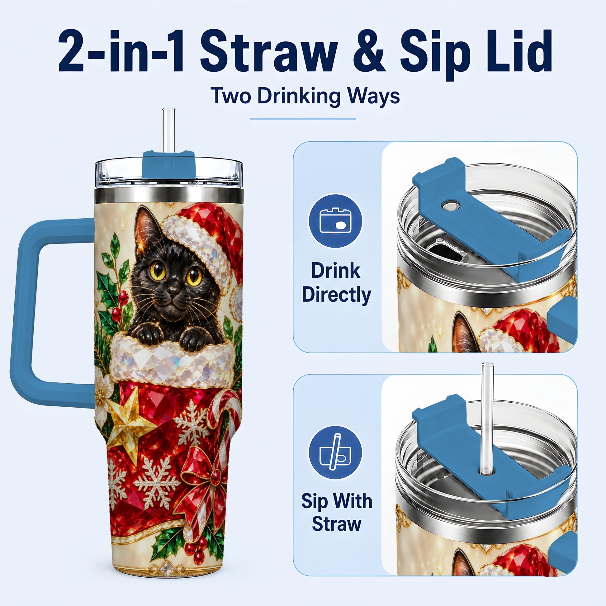 #pl[40oz|Blue] Jeweled Black Cat 40oz Tumbler with Handle, Christmas Cat Travel Cup