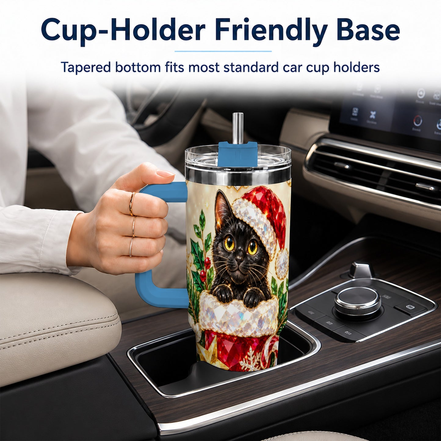#pl[40oz|Blue] Jeweled Black Cat 40oz Tumbler with Handle, Christmas Cat Travel Cup