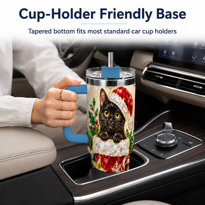 #pl[40oz|Blue] Jeweled Black Cat 40oz Tumbler with Handle, Christmas Cat Travel Cup