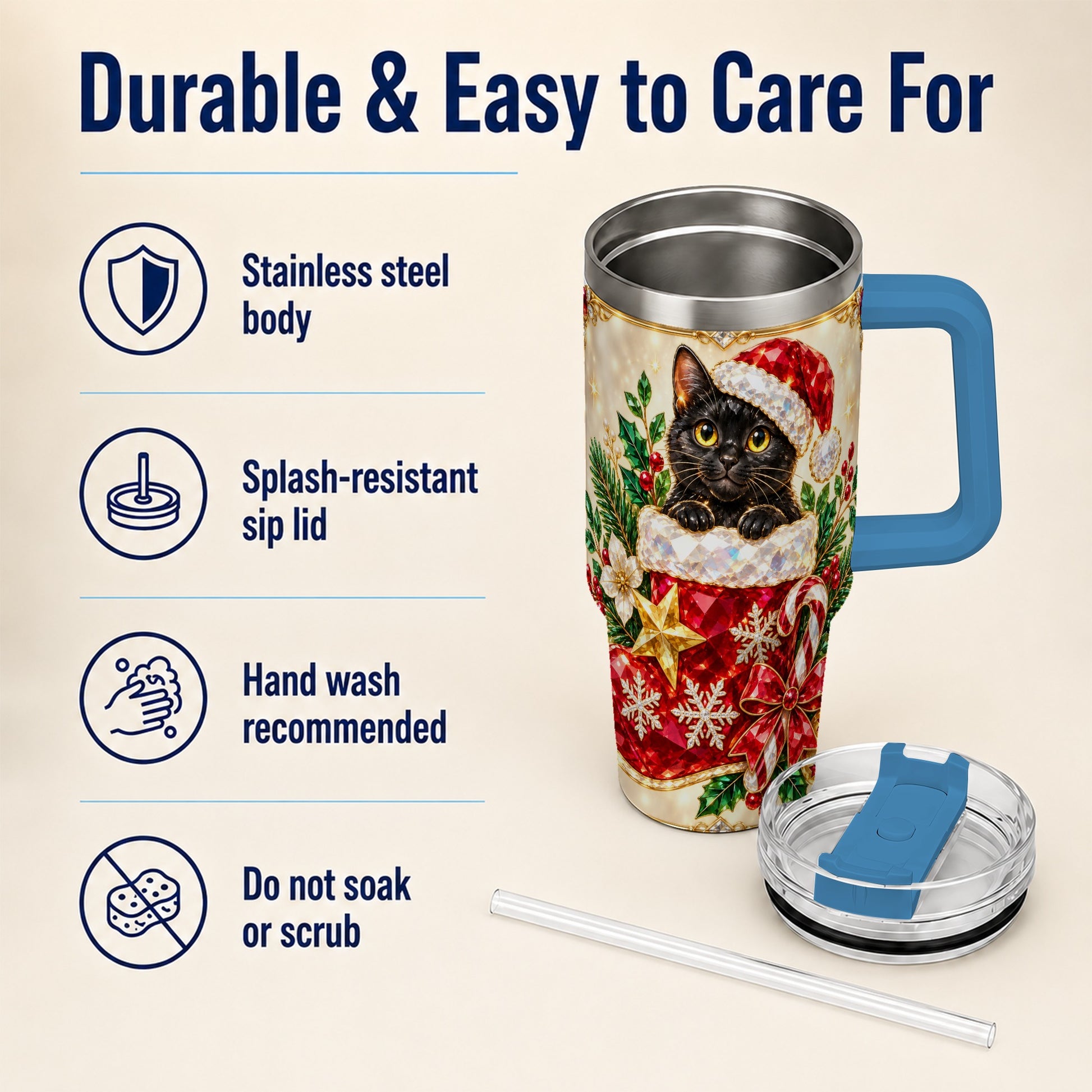 #pl[40oz|Blue] Jeweled Black Cat 40oz Tumbler with Handle, Christmas Cat Travel Cup