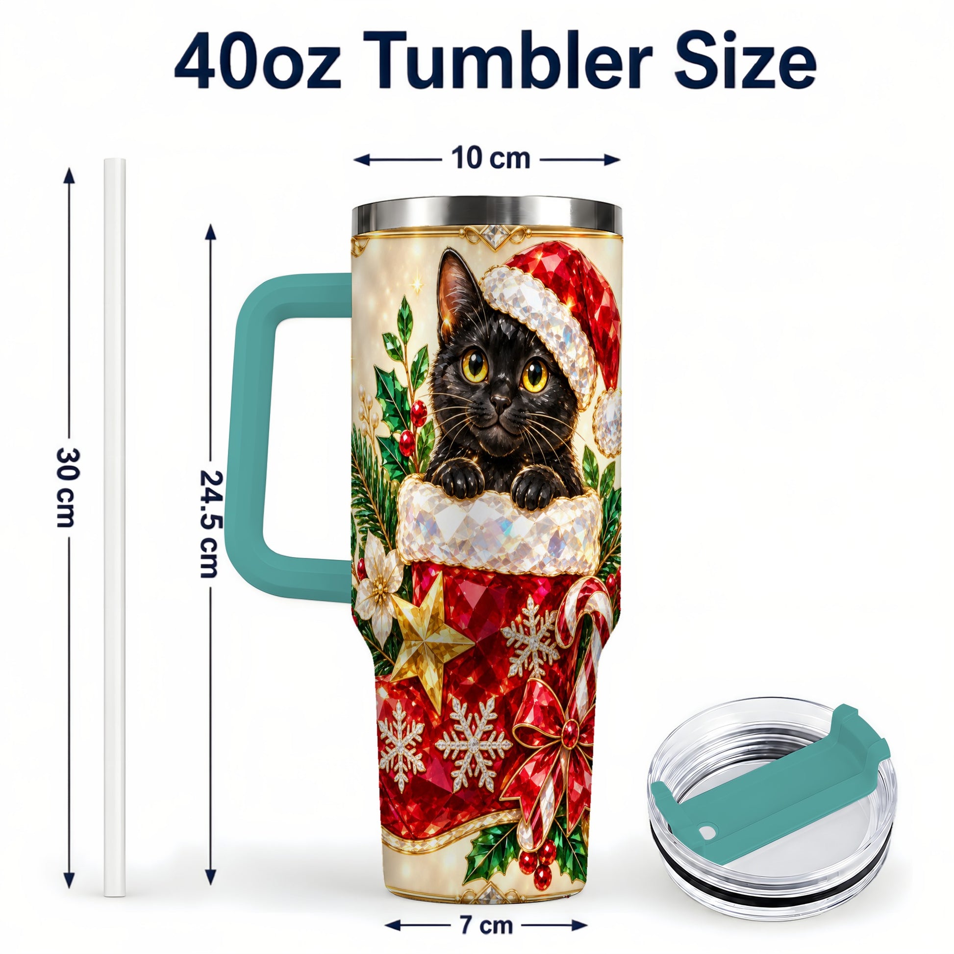 #pl[40oz|Green] Jeweled Black Cat 40oz Tumbler with Handle, Christmas Cat Travel Cup