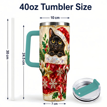 #pl[40oz|Green] Jeweled Black Cat 40oz Tumbler with Handle, Christmas Cat Travel Cup