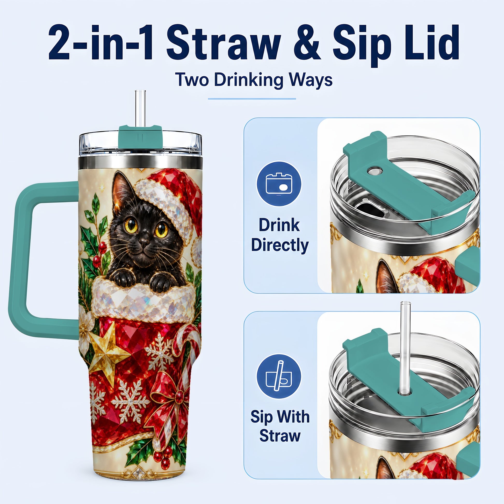 #pl[40oz|Green] Jeweled Black Cat 40oz Tumbler with Handle, Christmas Cat Travel Cup