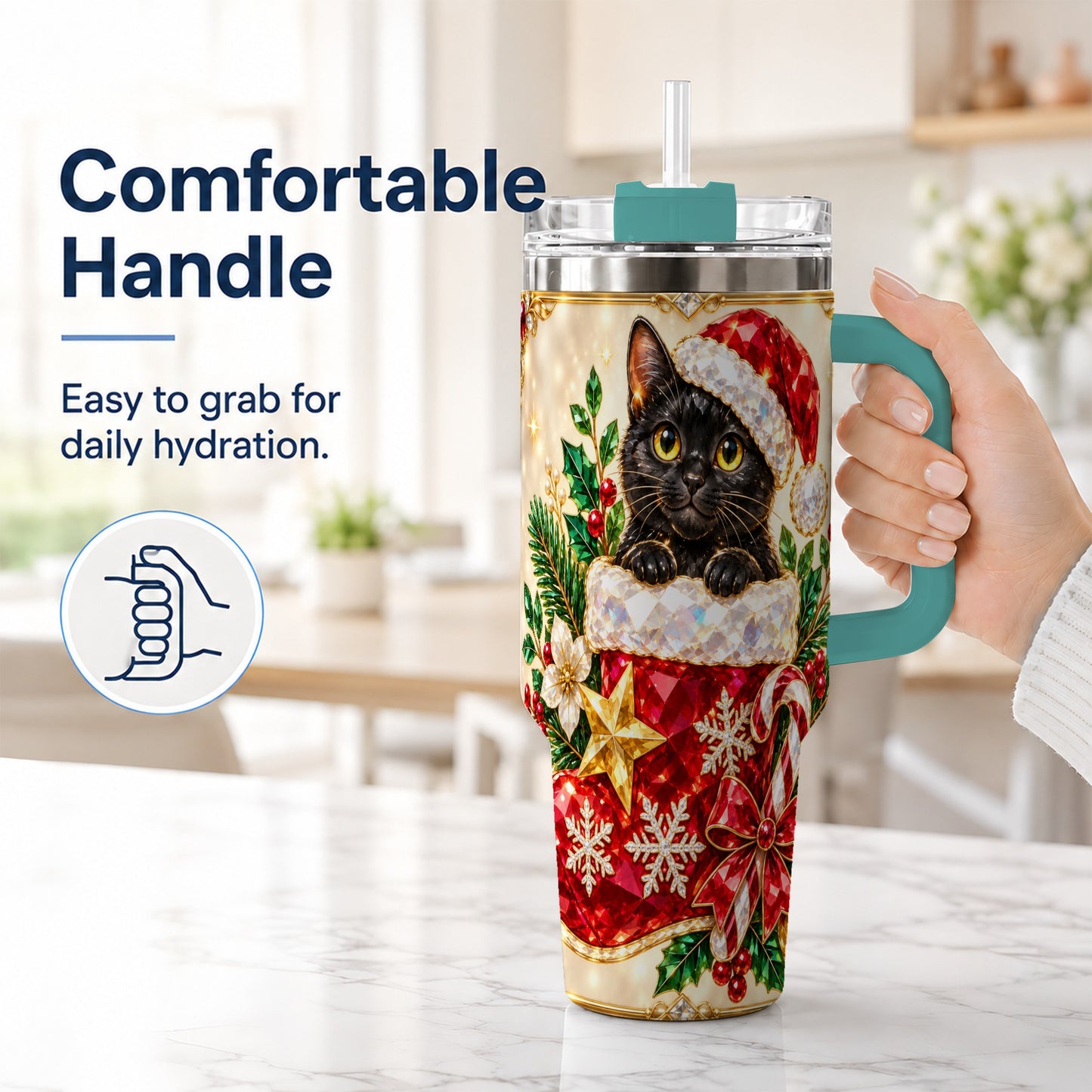 #pl[40oz|Green] Jeweled Black Cat 40oz Tumbler with Handle, Christmas Cat Travel Cup