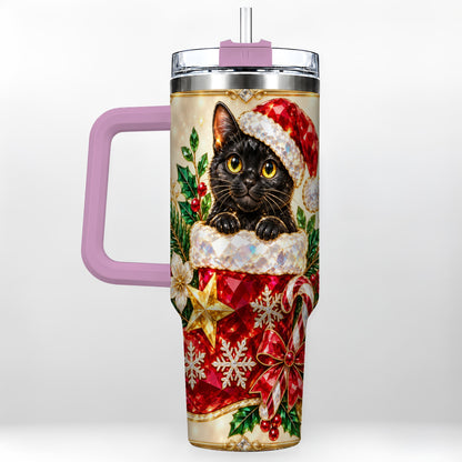 #pl[40oz|Pink] Jeweled Black Cat 40oz Tumbler with Handle, Christmas Cat Travel Cup