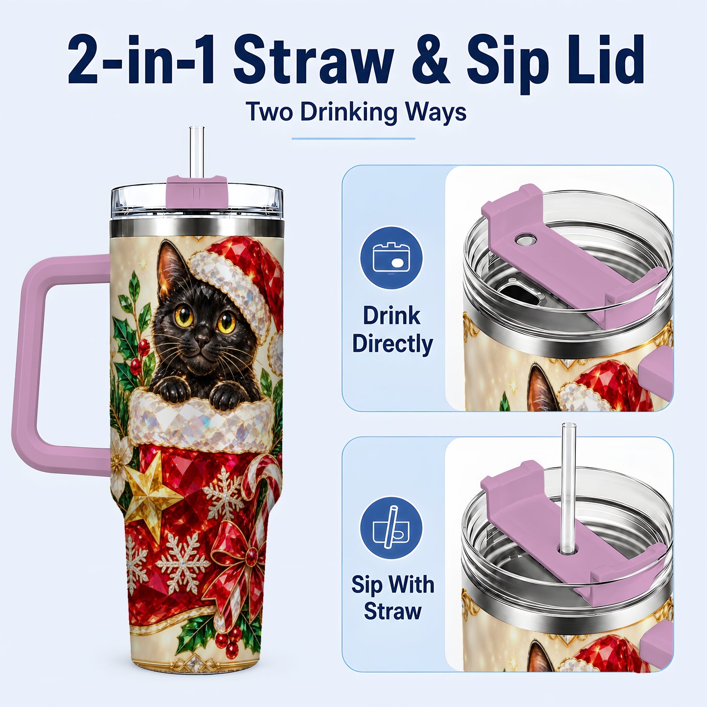 #pl[40oz|Pink] Jeweled Black Cat 40oz Tumbler with Handle, Christmas Cat Travel Cup