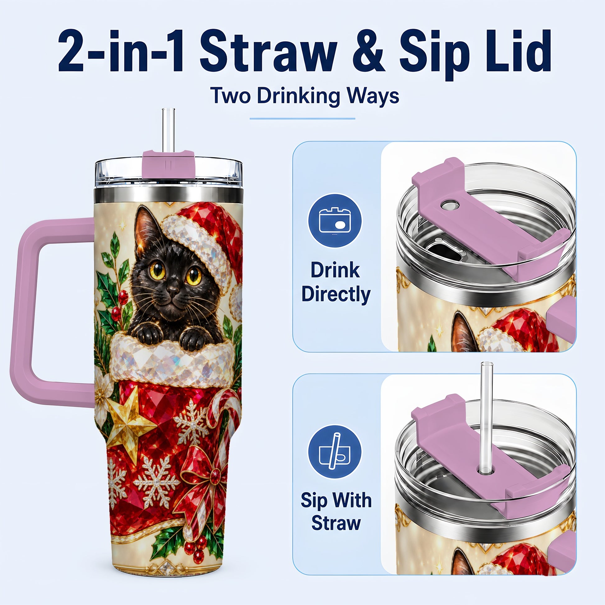 #pl[40oz|Pink] Jeweled Black Cat 40oz Tumbler with Handle, Christmas Cat Travel Cup