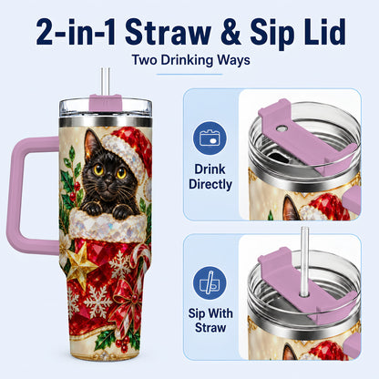 #pl[40oz|Pink] Jeweled Black Cat 40oz Tumbler with Handle, Christmas Cat Travel Cup
