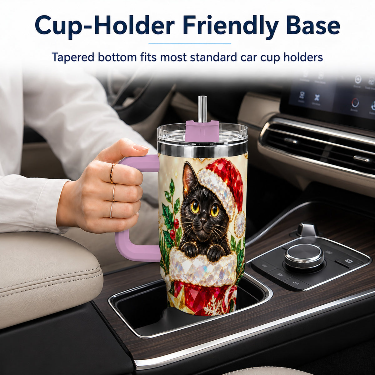 #pl[40oz|Pink] Jeweled Black Cat 40oz Tumbler with Handle, Christmas Cat Travel Cup