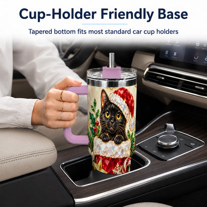 #pl[40oz|Pink] Jeweled Black Cat 40oz Tumbler with Handle, Christmas Cat Travel Cup