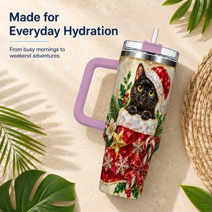 #pl[40oz|Pink] Jeweled Black Cat 40oz Tumbler with Handle, Christmas Cat Travel Cup