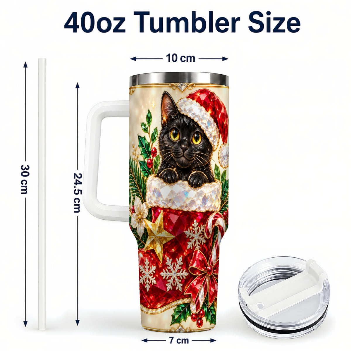 #pl[40oz|White] Jeweled Black Cat 40oz Tumbler with Handle, Christmas Cat Travel Cup