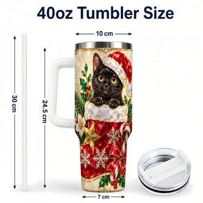#pl[40oz|White] Jeweled Black Cat 40oz Tumbler with Handle, Christmas Cat Travel Cup