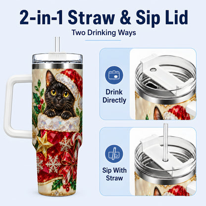 #pl[40oz|White] Jeweled Black Cat 40oz Tumbler with Handle, Christmas Cat Travel Cup