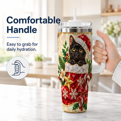 #pl[40oz|White] Jeweled Black Cat 40oz Tumbler with Handle, Christmas Cat Travel Cup