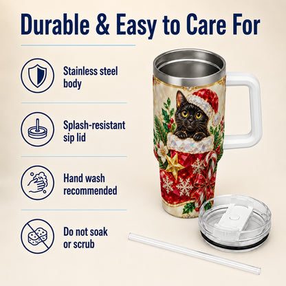 #pl[40oz|White] Jeweled Black Cat 40oz Tumbler with Handle, Christmas Cat Travel Cup