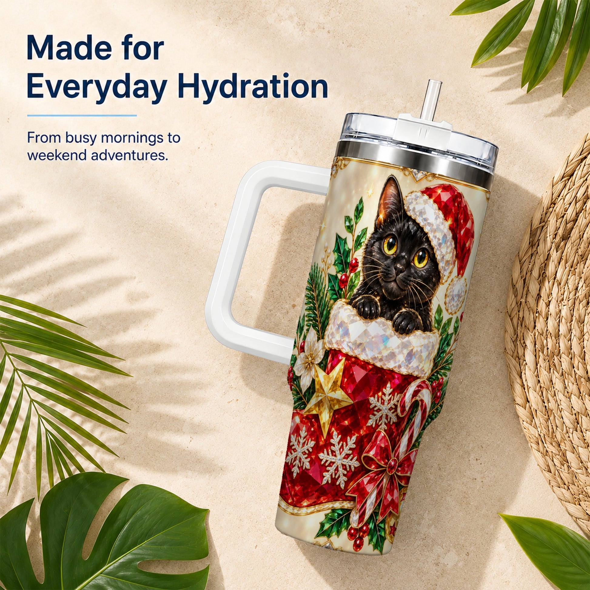 #pl[40oz|White] Jeweled Black Cat 40oz Tumbler with Handle, Christmas Cat Travel Cup