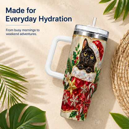 #pl[40oz|White] Jeweled Black Cat 40oz Tumbler with Handle, Christmas Cat Travel Cup