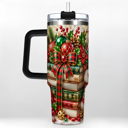 #pl[40oz|Black] Christmas Book Stack 40oz Tumbler with Handle, Tartan Holiday Travel Cup