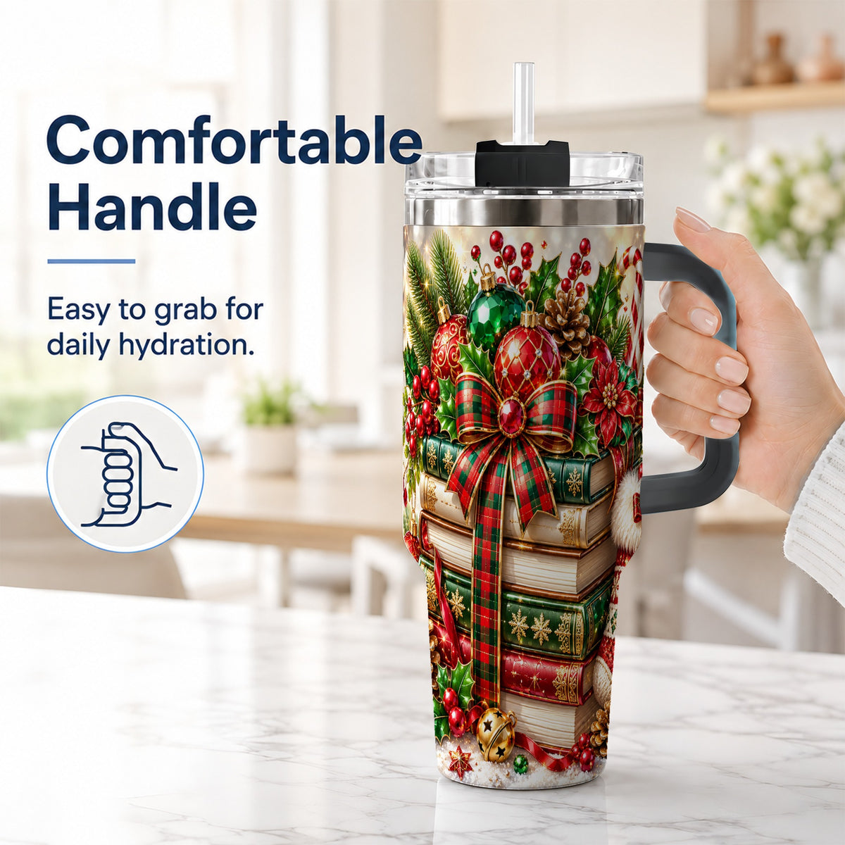 #pl[40oz|Black] Christmas Book Stack 40oz Tumbler with Handle, Tartan Holiday Travel Cup