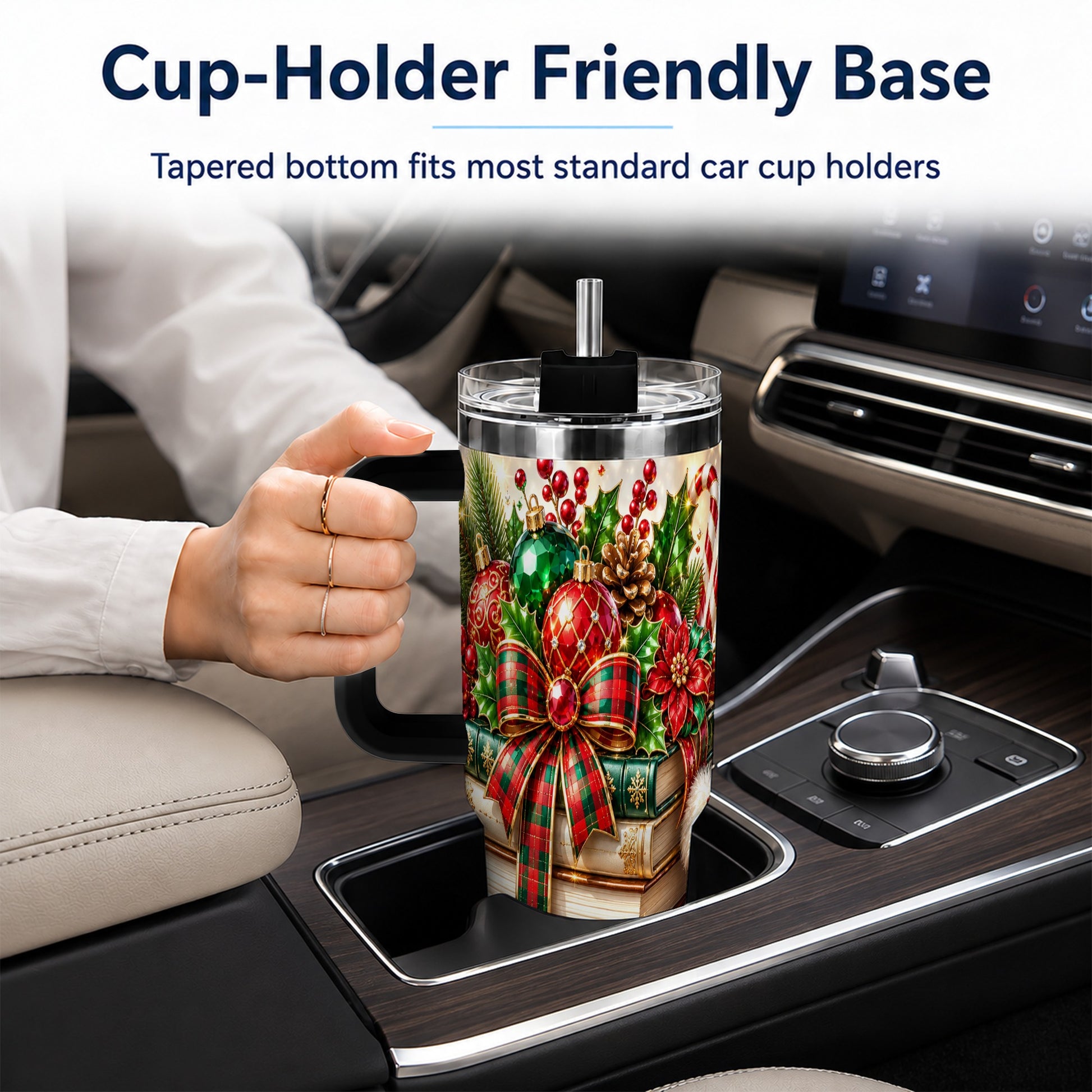 #pl[40oz|Black] Christmas Book Stack 40oz Tumbler with Handle, Tartan Holiday Travel Cup