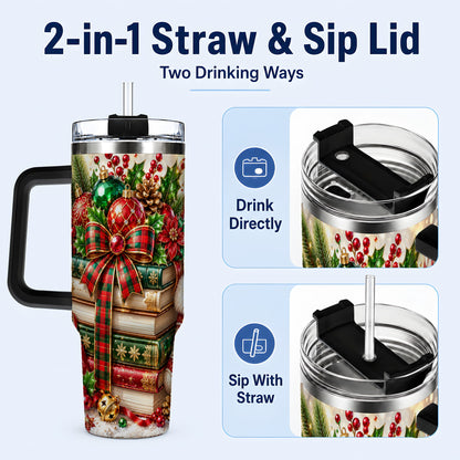 #pl[40oz|Black] Christmas Book Stack 40oz Tumbler with Handle, Tartan Holiday Travel Cup