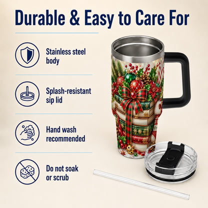 #pl[40oz|Black] Christmas Book Stack 40oz Tumbler with Handle, Tartan Holiday Travel Cup