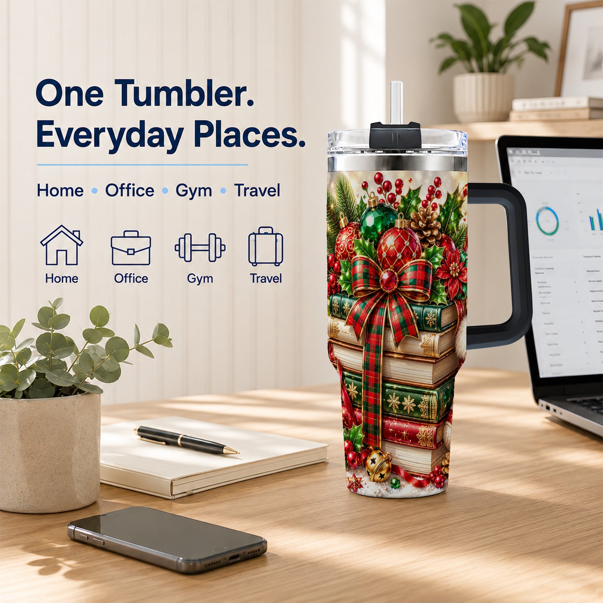 #pl[40oz|Black] Christmas Book Stack 40oz Tumbler with Handle, Tartan Holiday Travel Cup
