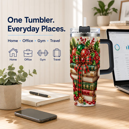 #pl[40oz|Black] Christmas Book Stack 40oz Tumbler with Handle, Tartan Holiday Travel Cup