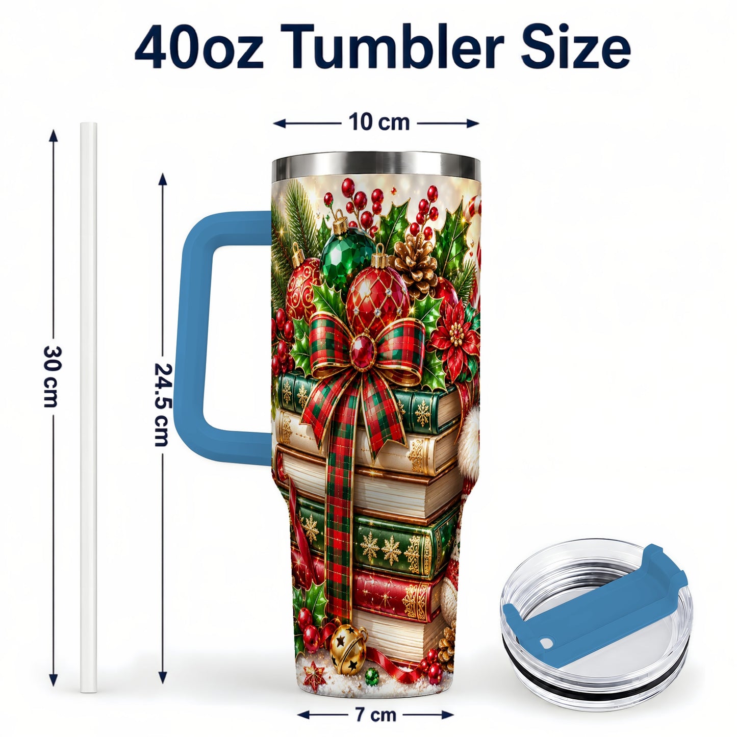 #pl[40oz|Blue] Christmas Book Stack 40oz Tumbler with Handle, Tartan Holiday Travel Cup