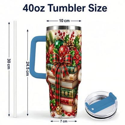 #pl[40oz|Blue] Christmas Book Stack 40oz Tumbler with Handle, Tartan Holiday Travel Cup