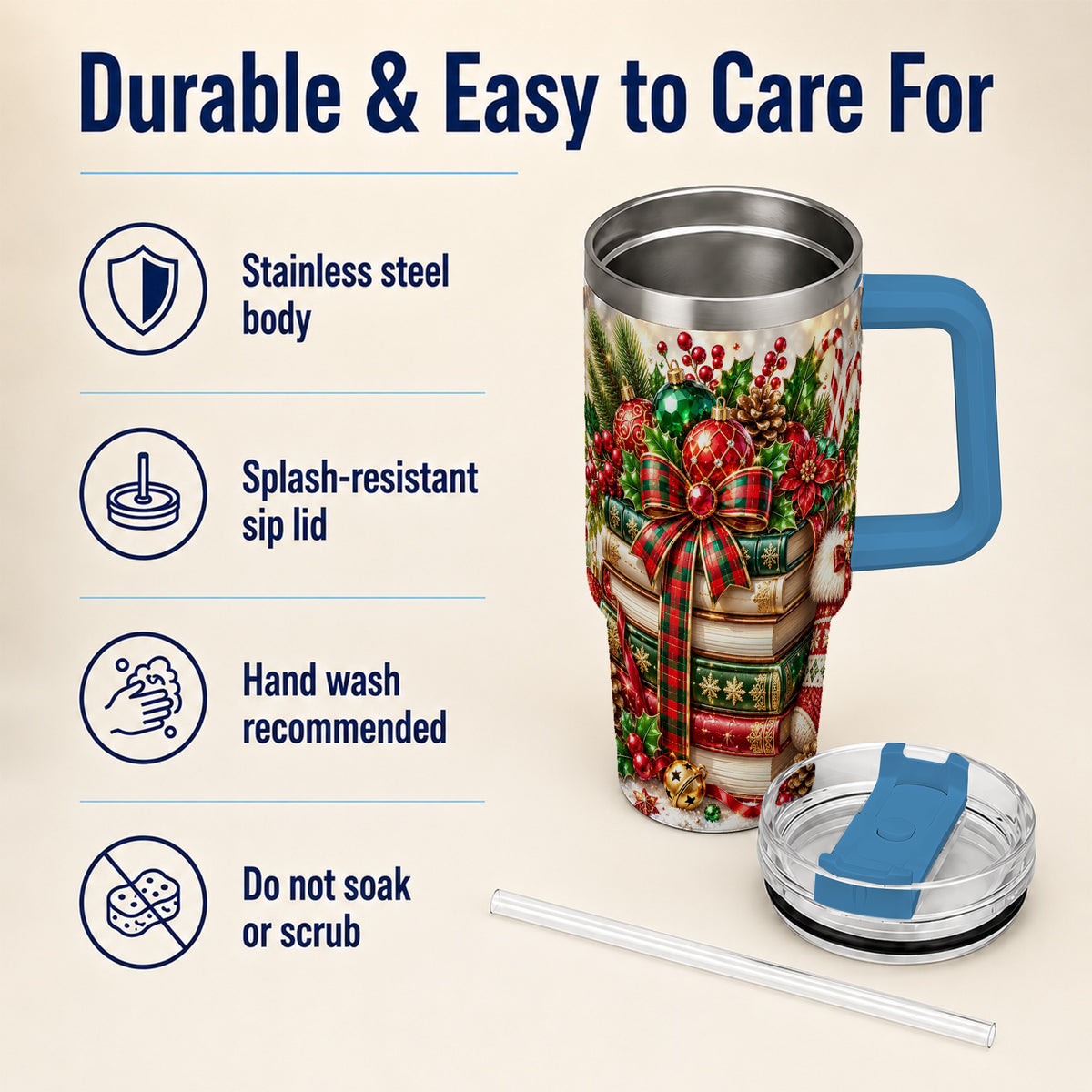 #pl[40oz|Blue] Christmas Book Stack 40oz Tumbler with Handle, Tartan Holiday Travel Cup