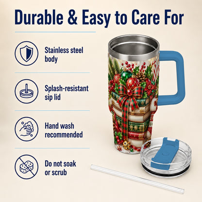 #pl[40oz|Blue] Christmas Book Stack 40oz Tumbler with Handle, Tartan Holiday Travel Cup
