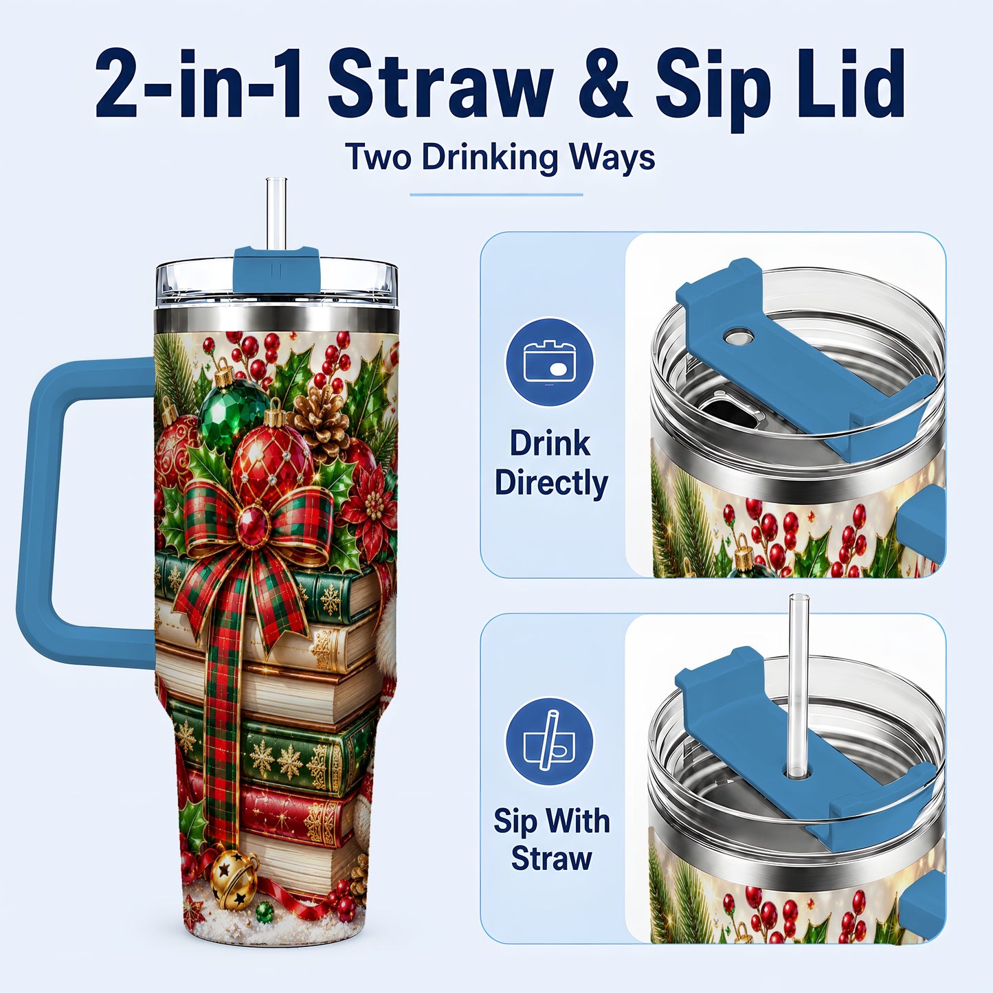 #pl[40oz|Blue] Christmas Book Stack 40oz Tumbler with Handle, Tartan Holiday Travel Cup
