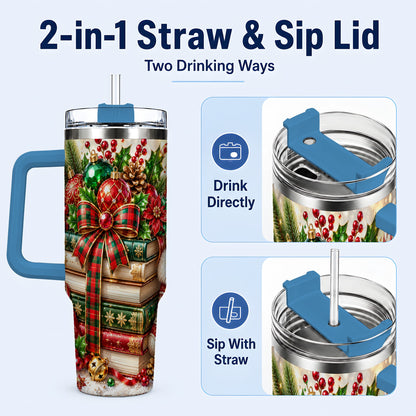 #pl[40oz|Blue] Christmas Book Stack 40oz Tumbler with Handle, Tartan Holiday Travel Cup
